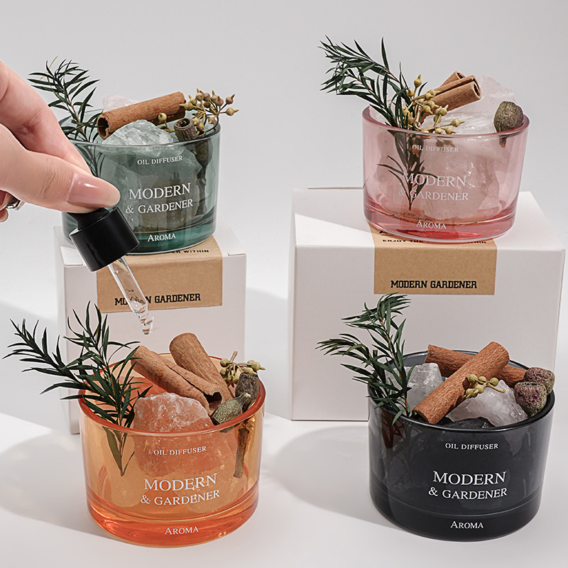 Home Fragrance Accessories - ชุดเครื่องประดับอโรมาเธอราพีคริสตัลไร้ไฟสำหรับใช้ในบ้าน พร้อมหินกระจายกลิ่นน้ำมันหอมระเหย - กลิ่นมะลิ สำหรับห้องนอนและห้องนั่งเล่น