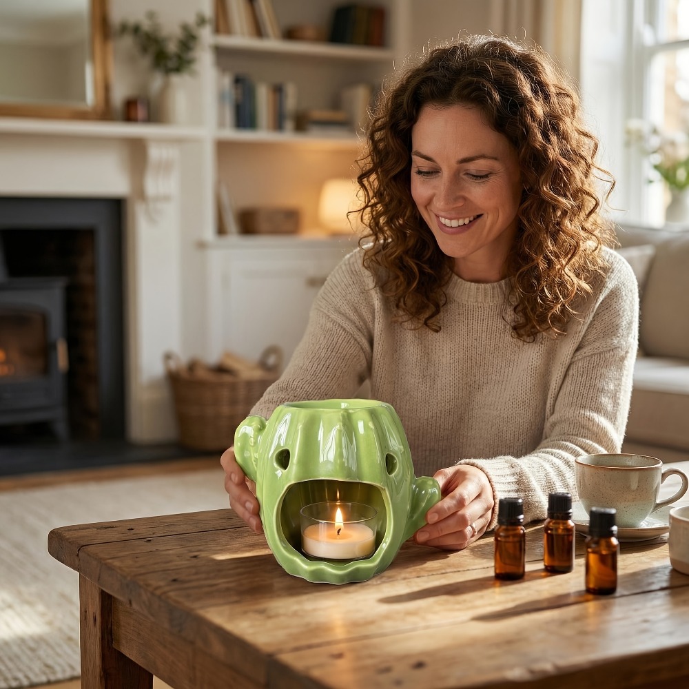 Wax Melt Burner - เตาอุ่นน้ำมันหอมระเหยเซรามิกรูปกระบองเพชร พร้อมที่วางเทียนทีไลท์ สำหรับอโรมาเธอราพี ตกแต่งบ้าน สไตล์นอร์ดิก 1